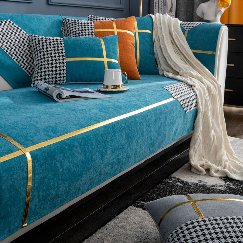 Luxury Plaid Chenille Sofa Cover L Shape Velvet Couch Slipcover Furniture Protector Armrest Recliner Towel Gray