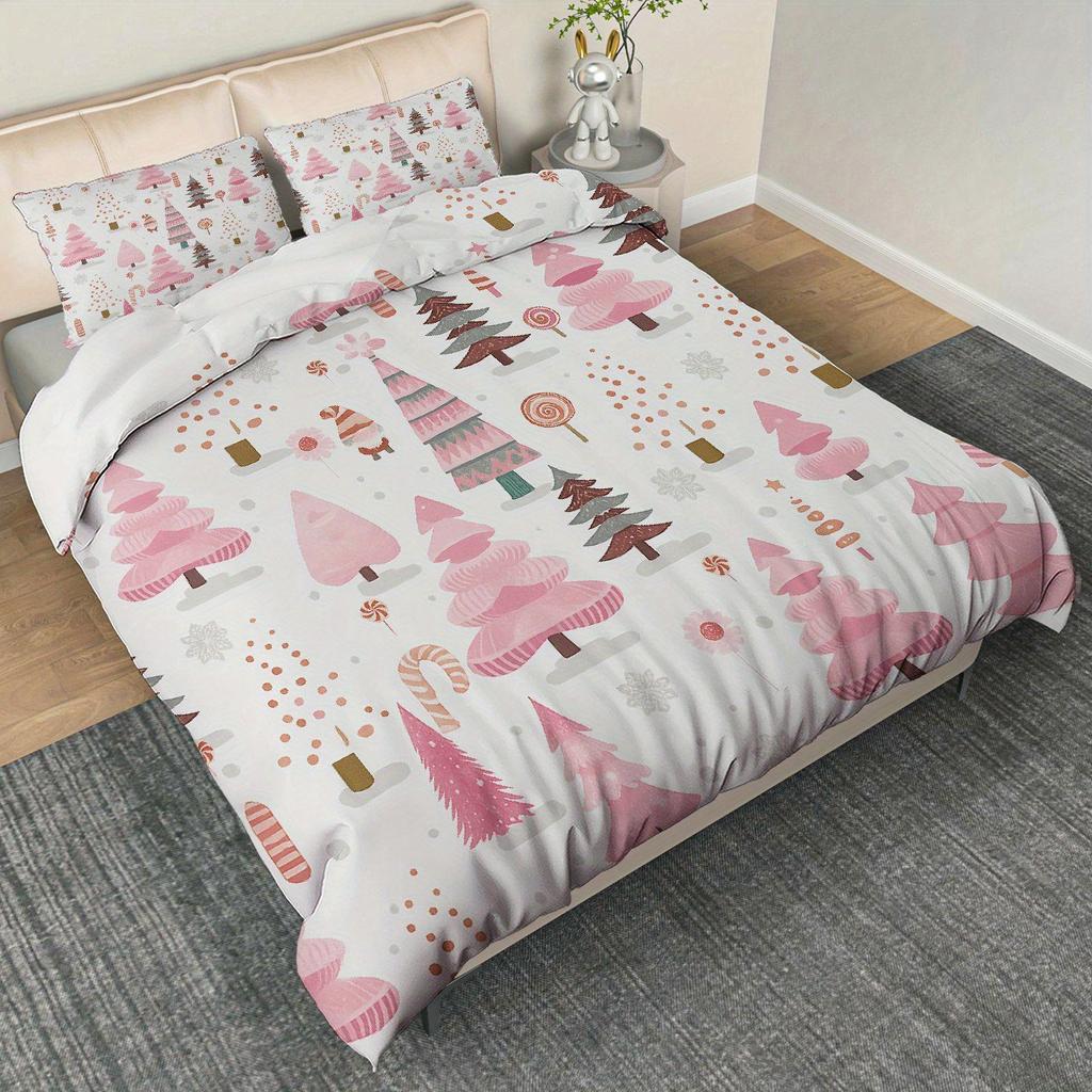 3Pcs Pink Christmas Tree & Candy Snowflake Duvet Cover Set - Soft Comfortable Polyester Bedding With Zipper Closure