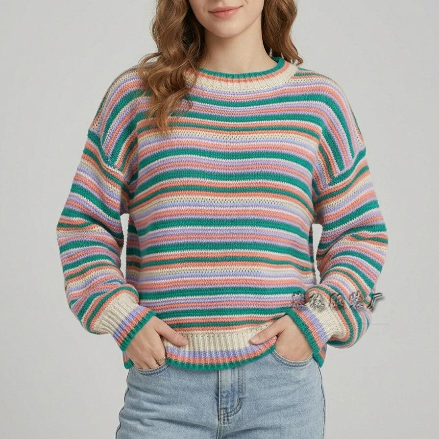 Damen Gestrickter Pullover mit Streifen Rundhals Langarm Bunter Häkel-Pullover Top