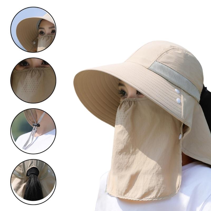 Chapeau Masque Facial Protection Solaire pour Femmes Chapeau de Soleil à Large Bord avec Cordon de Serrage Réglable Chapeau Respirant pour Activité en Plein Air