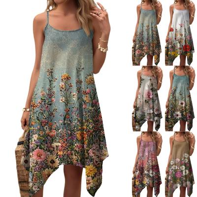 Damen Sommer Casual Vintage Blumenmuster Rundhals Verstellbares Trägerkleid mit Taschen