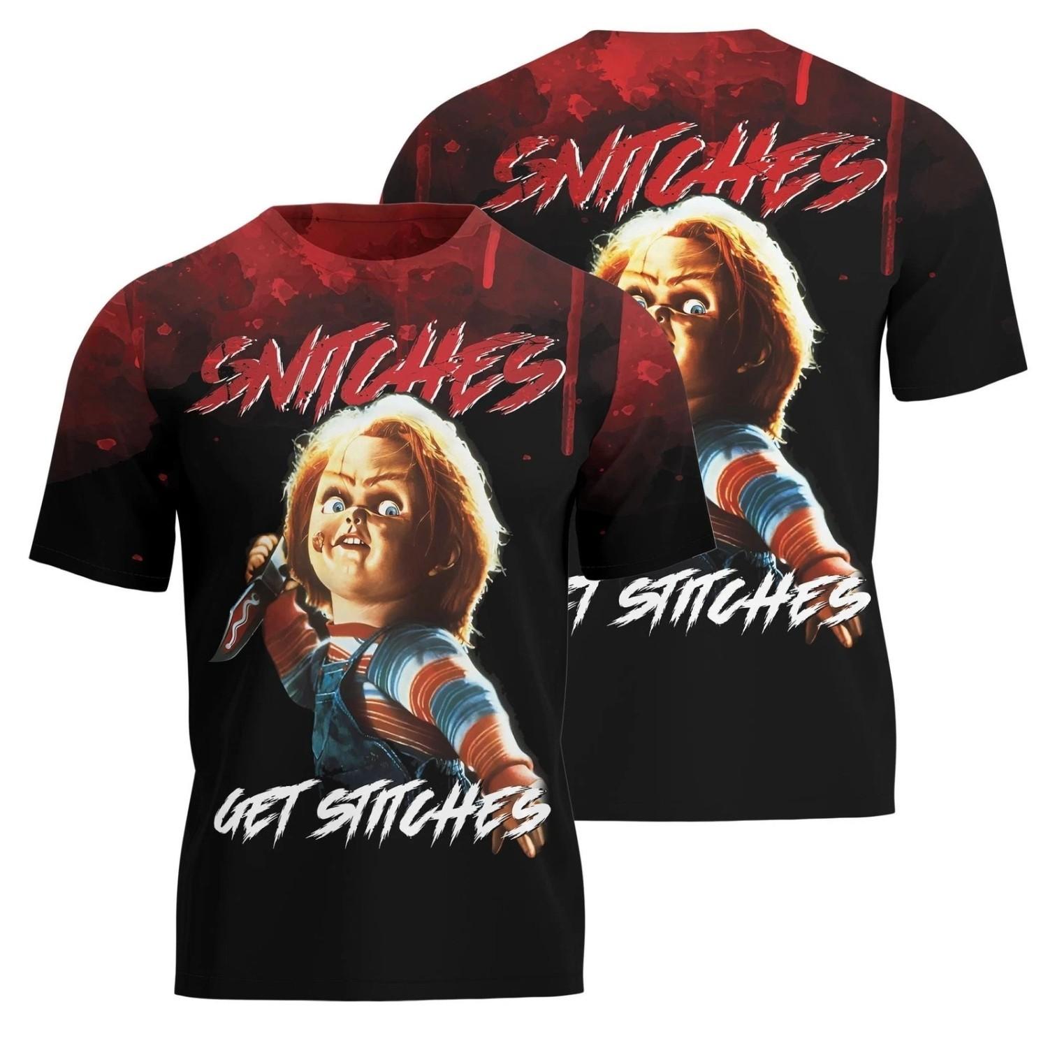 Chucky Arrested Scary Halloween Snitches Get Stitches Tshirt 3D Printed M