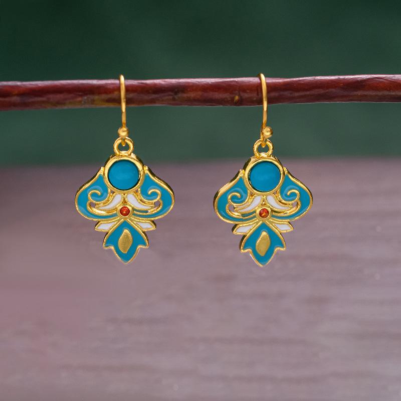 JMXD-Artificial Turquoise Enamel Earrings Jewelry Gold-plated Ethnic Style Retro Literary Texture  Female Chinese Style