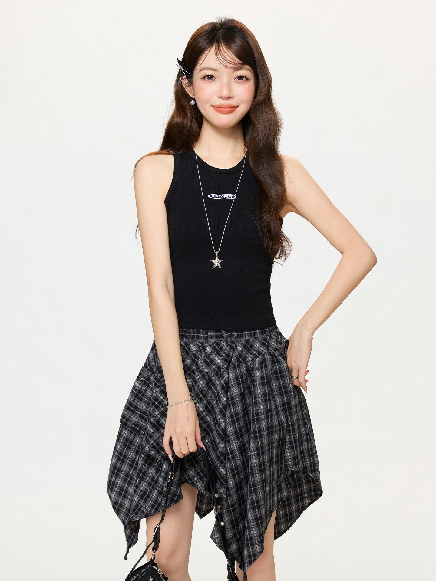

American design letter printing crew neck font vest women s spring summer slim short sleeveless top XL чорний