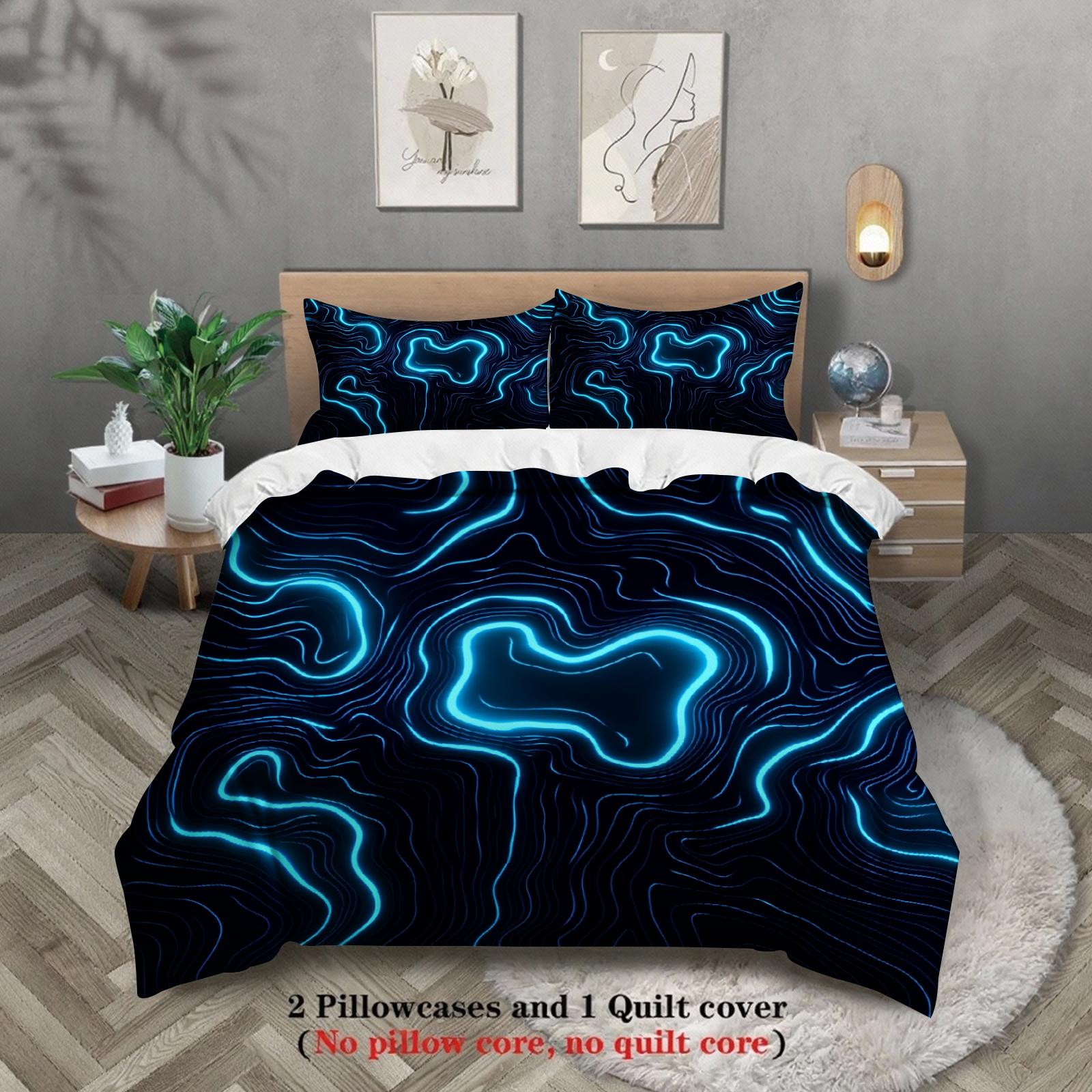 

3pcs Bedding Sets 3D Printed Neon Blue Abstract Pattern Duvet Cover Sets With Pillowcases No Filling Minimalist Style Full Size EU Double(200x200cm)