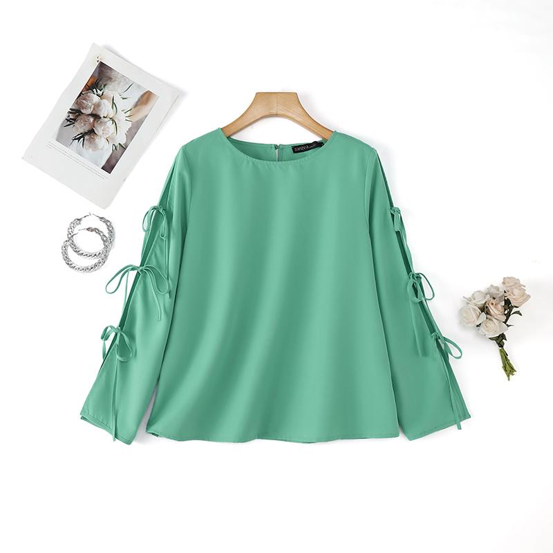 ZANZEA Women Casual Round Neck Hollow Lace-Up Long Sleeve Blouse S зелёный