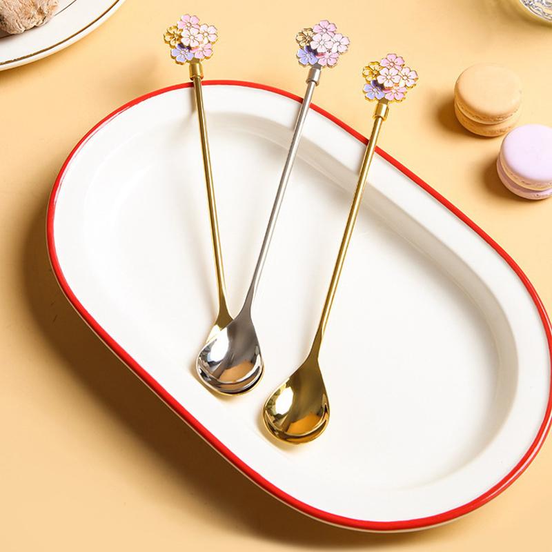 Stainless Steel Japanese Cherry Blossom Spoon Exquisite Dessert Long Handled Ice Spoon Household Bird'S Nest Mixing Spoon