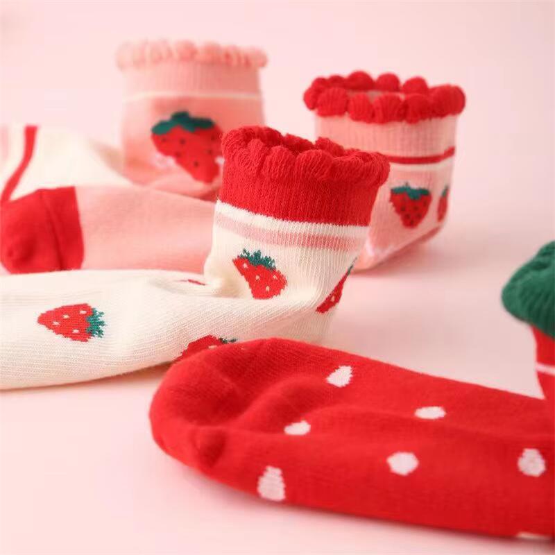 5Pairs/lot Girls Cotton Socks Korean Strawberry Cute Print Socks Spring Autumn Cartoon Breathable Sock for 0-13Y Children Socks