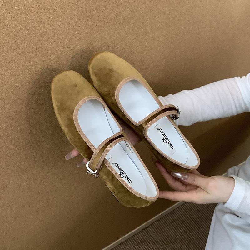 Fashion Soft Fashion Flock Women Flats Mary Janes Lolita Shoes Round Toe Female Buckle Strap Footwear Shallow Ladies Ballet Flats Shoes