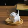 Creative Desktop Incense Holder with Ceramic Cat Figurine and Round Bamboo Tray for Home Office Decorative Use