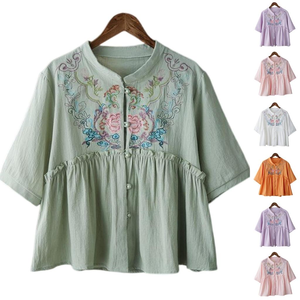 Women's Vintage Inspired Loose Fit Mid Sleeve Cotton Linen Blend Embroidered Button Front Cardigan