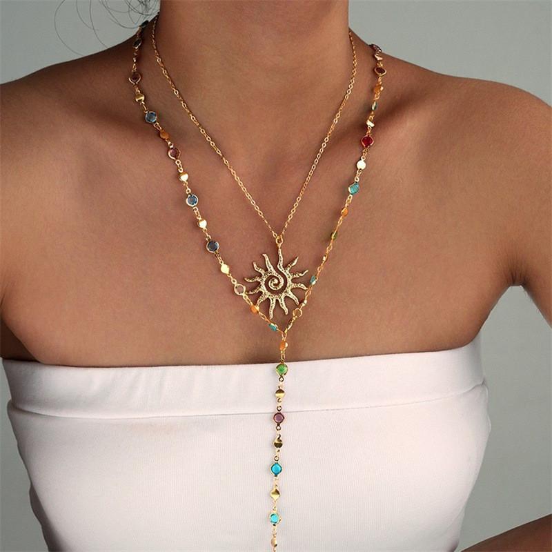 Fashion Creative Color Diamond Sunflower Necklace For Women With Multilayer Chain Style