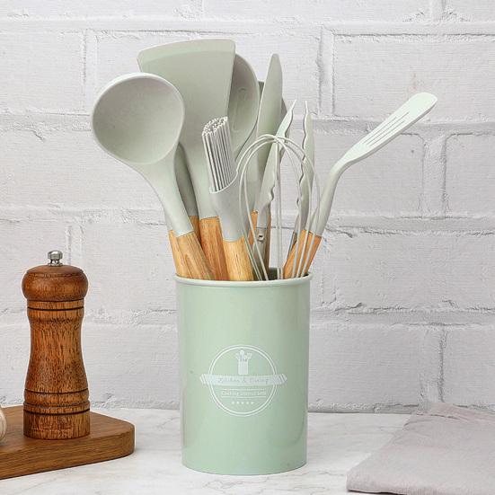 12Pcs Kitchen Utensil Set Wooden Handle Spatula Spoon Brush Whisk Heat-Resistant Silicone Cooking Tools Kit Kitchen Supplies