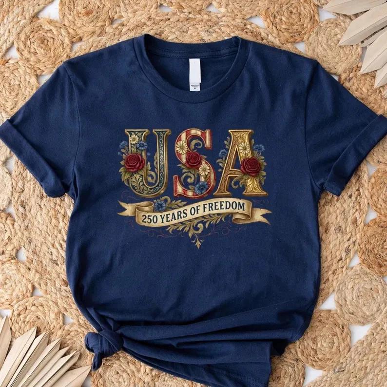 Retro USA 250  Shirt Floral Patriotic Independence Day Celebration Tee XL