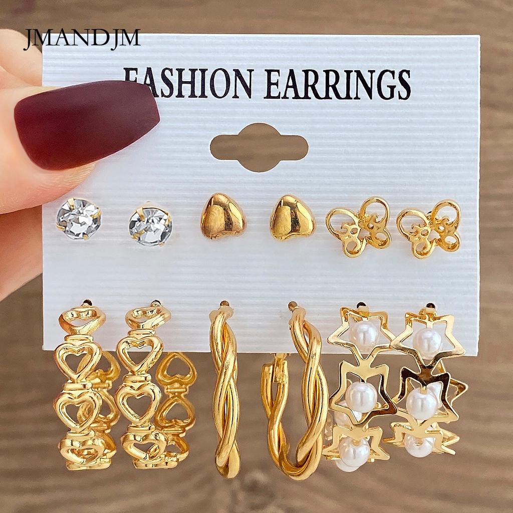 Inlaid Pearl Butterfly Earrings Premium Earrings Retro Metal 6 Set Earrings Combination Women