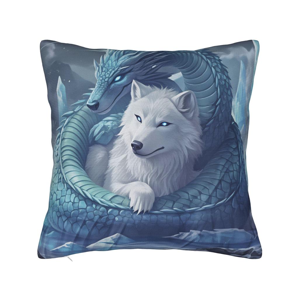 White Wolf And Blue Dragon Pillow Cover Funny Pillow Case For Sofa Couch Bed Living Room Comfy Cushion Cover Gift