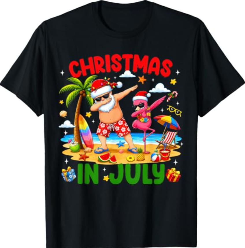 Christmas In July Santa Flamingo Dabbing Summer Vacation T-Shirt