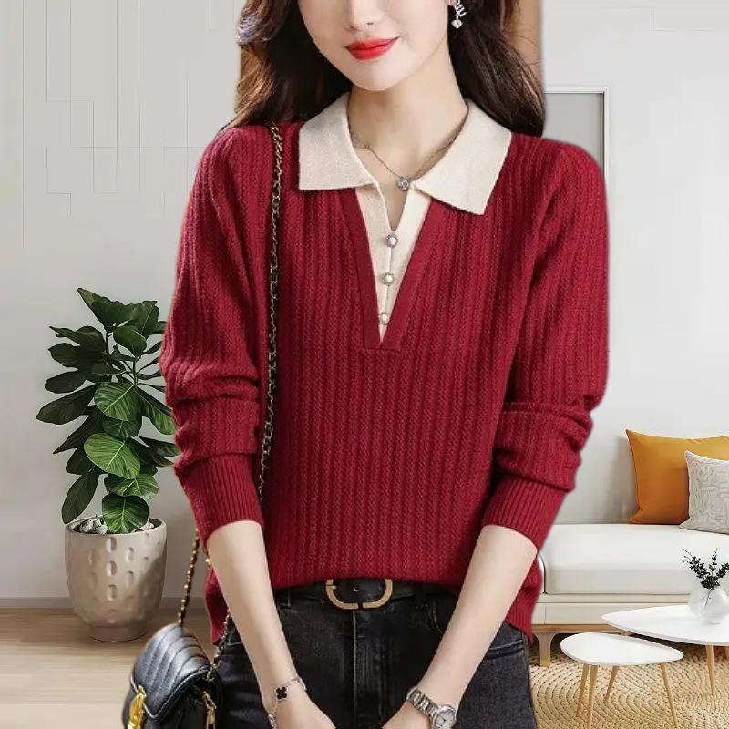 Autumn and winter new lapel splicing outer wear women's sweater fake two-piece cover fashion knitted bottoming shirt