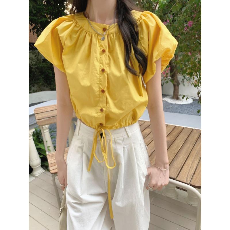 

Рубашка с кулиской на талии и короткими рукавами, облегающая фигуру, женская летняя новая приталенная короткая футболка с пышными рукавами и коротким Т-образным вырезом L жёлтый