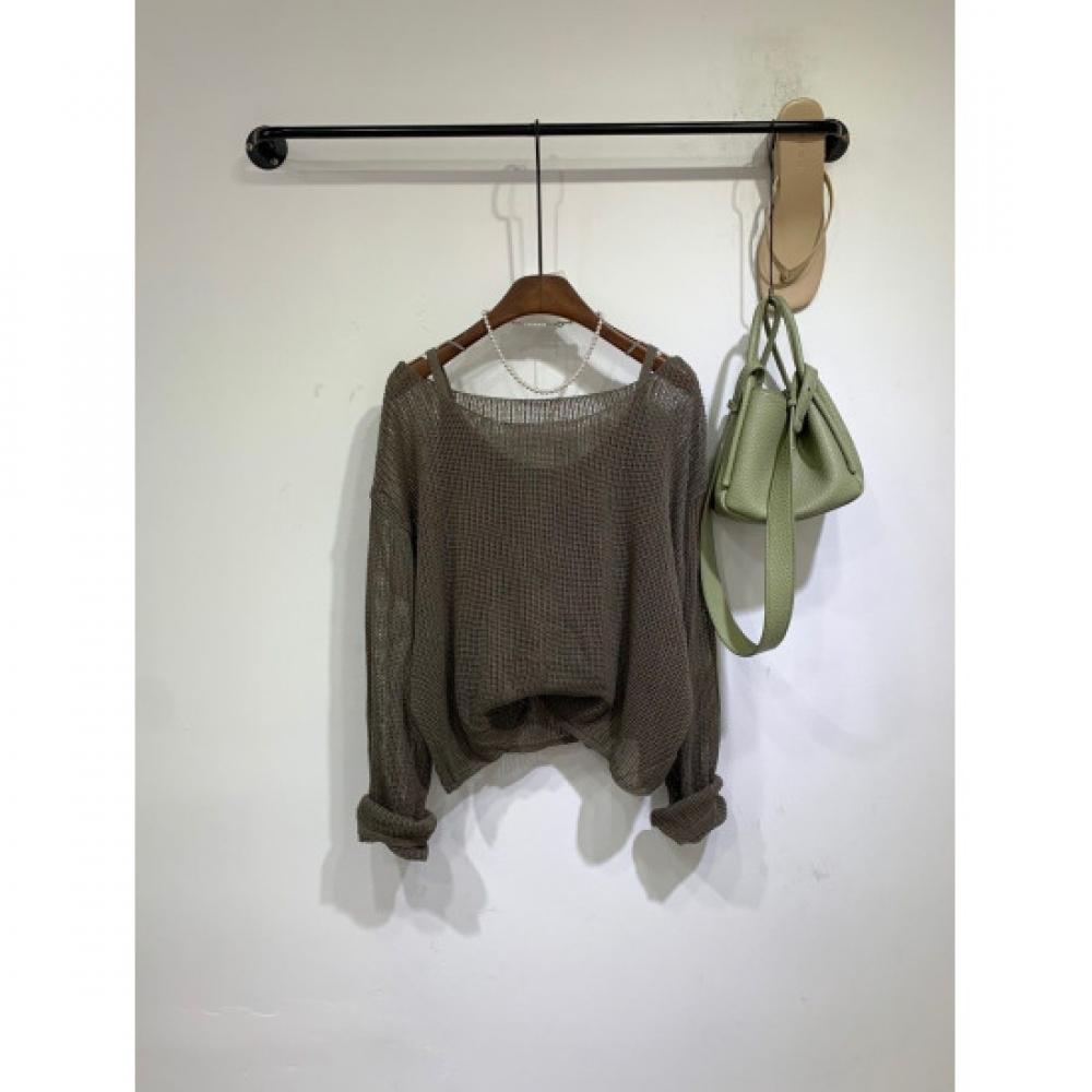 C S In The Room  Free  Wide neCk meSh Long Sleeve Knit StrIng Top Set 4ColorS