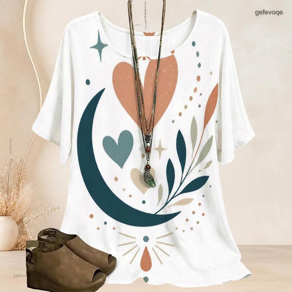 Women Plus Size Batwing Short Sleeve Top Round Neck Moon Star Night Sky Print Loose Casual Tunic Blouse