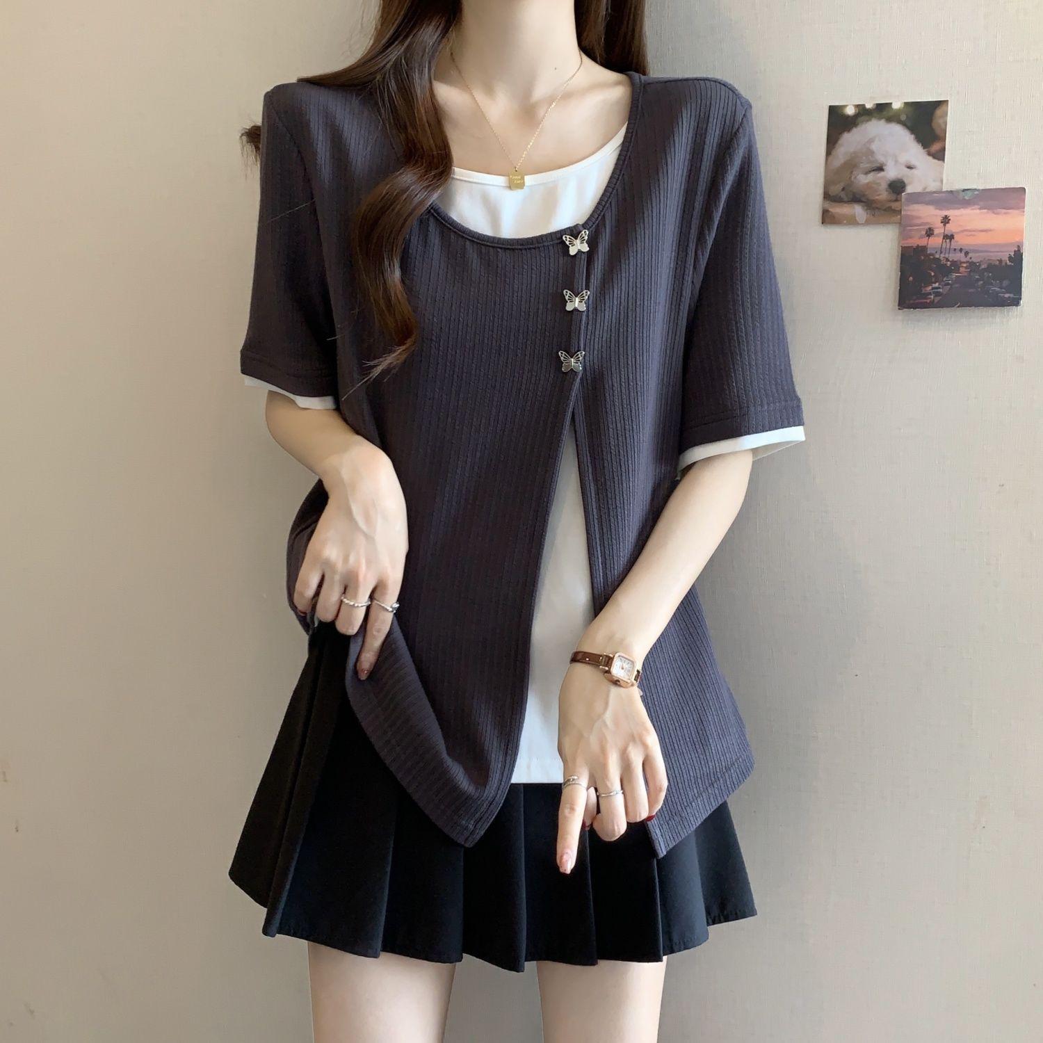 Plus Size Patchwork Short Sleeve T-Shirt - Women s Summer Slimming Loose Fit M (80-100 jin) серый