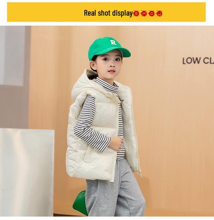 Kids' Hooded Wash-Free Down Vest for Fall/Winter, Unisex Outerwear Gilet, Medium To Large Sizes