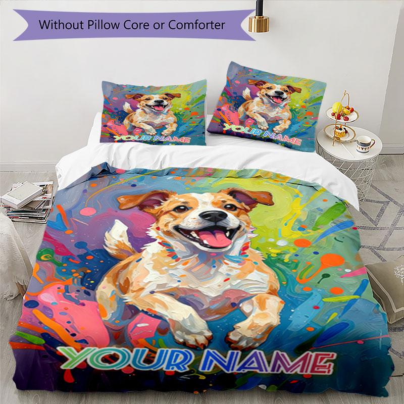 3PC Custom Name "Colorful Dog Artwork" Bedding Set Duvet Cover Closure Includes 1 Duvet Cover & 2 Pillowcases for Bedroom