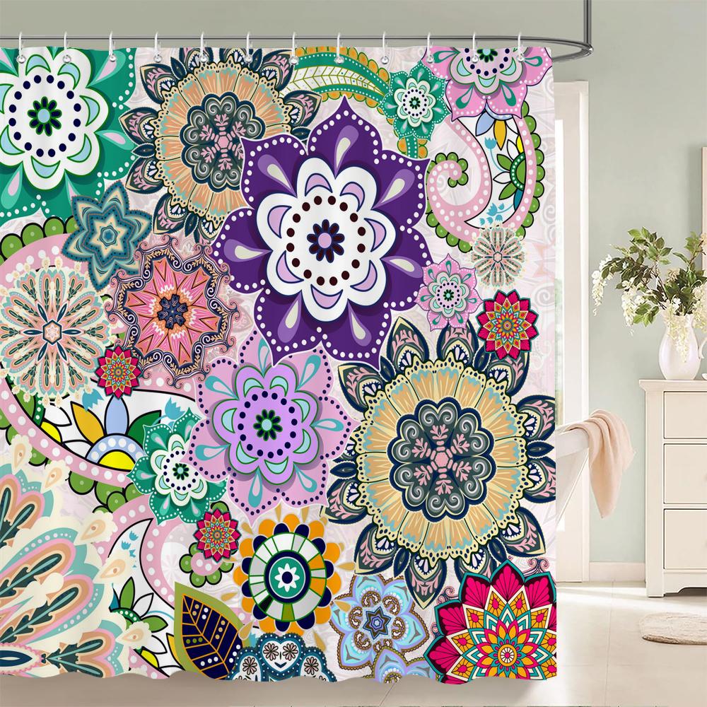 Duschvorhänge im Bohème-Stil Mandala Boho Blumen- und Pflanzendruck Badezimmervorhänge Wasserdichter Polyester Duschvorhang