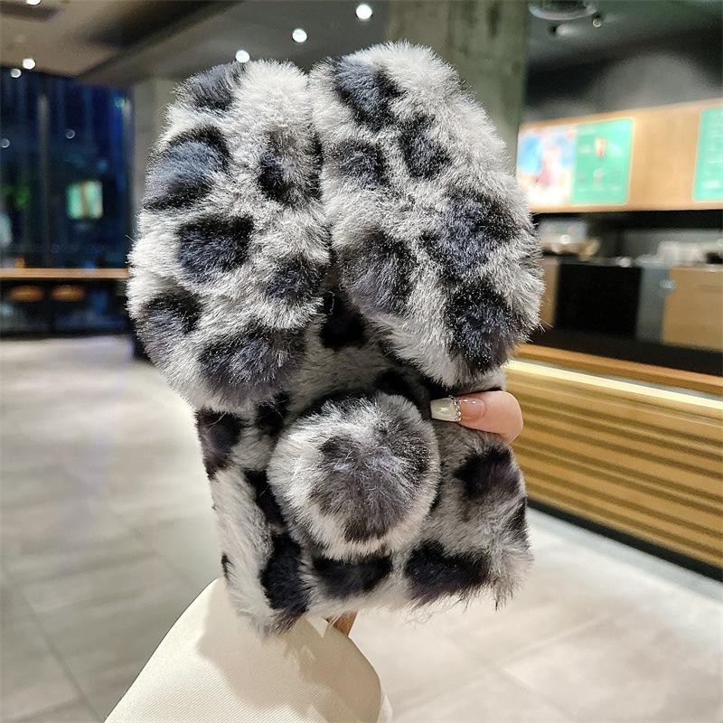 Custodia in Peluche con Stampa Leopardata Cartone Animato e Pelliccia di Coniglio per iPhone 17 Air 16 13 12 11 Pro Max XS XR X 7 8 Plus Copertura Antiurto
