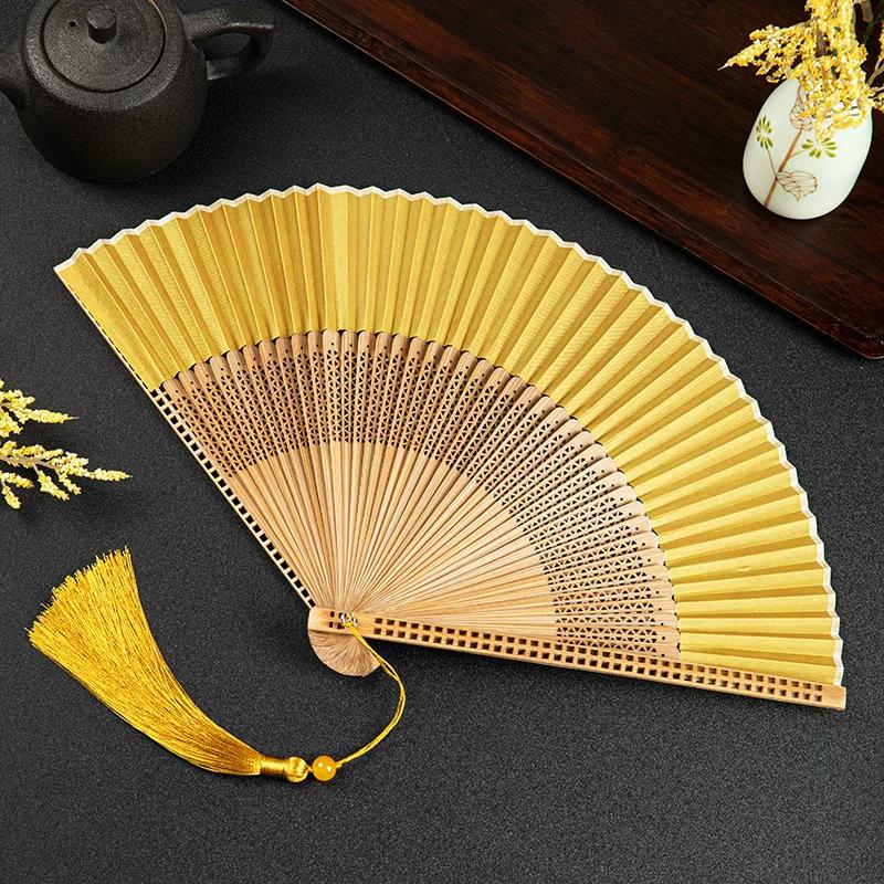 Fan, a New Chinese-Style Folding Fan for Home Use, Solid Color Fan, Chinese Style Portable Hollow Bamboo Fan, Suitable for Pairing with Qipao and