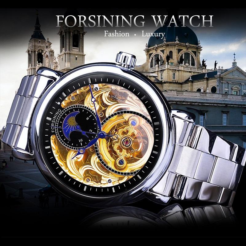 Forsining Orologio da uomo alla moda, per il tempo libero, con intagli lunari scavati e orologio meccanico scavato