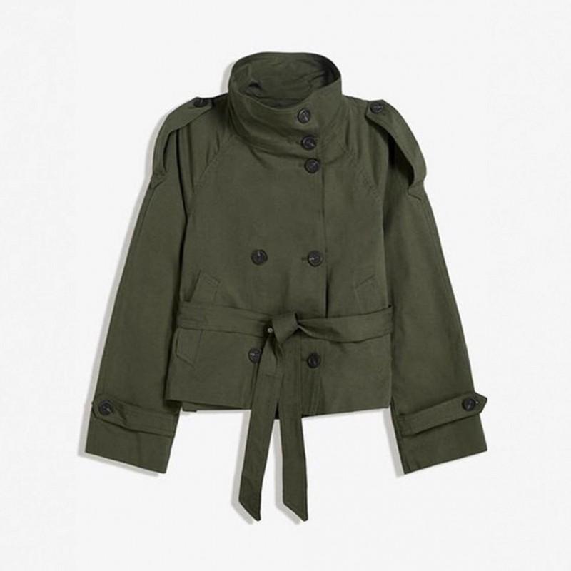 Womens Short Double-Breasted Trench Coat With Collar Tie Belt Loose Fit Long Sleeve Streetwear