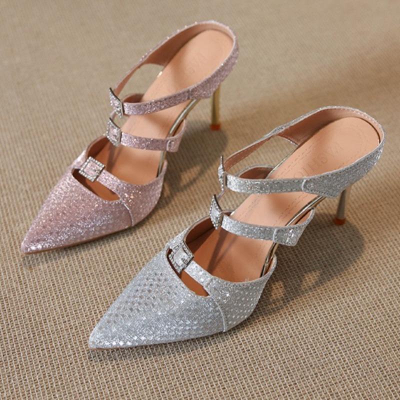 Glitter Sequin Rhinestone Heels Women's Pointed Toe Shallow Mouth Metal Buckle Cutout Non-Slip Wrapped Toe Stiletto Slippers