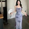 Purple Rose Tie-dye Suspender Dress Women Fashionable Waist-cinching Slim Slit Hip-hugging