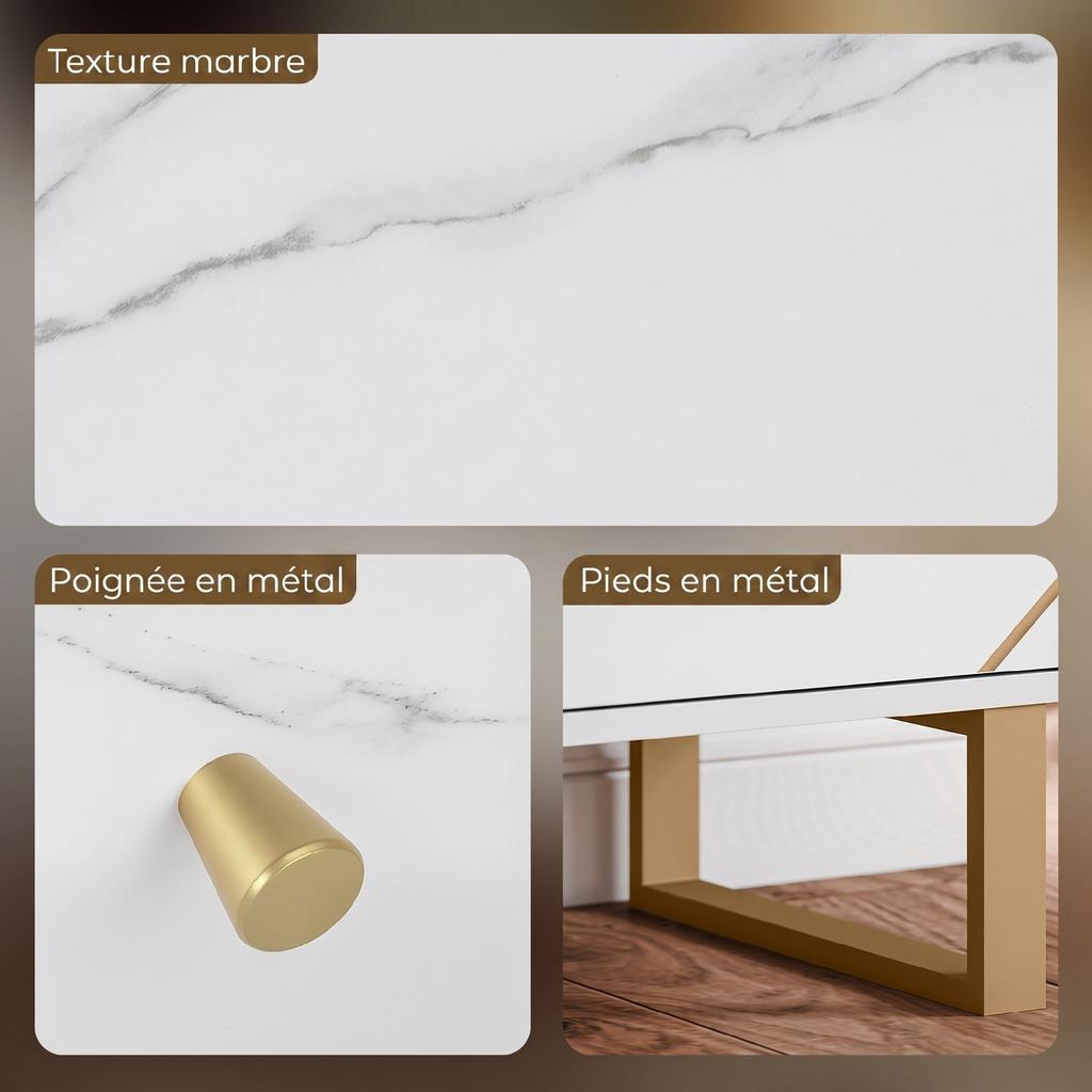 Living Room Sideboard, 2 Three-Door Cupboards, Adjustable Shelf, Metal Legs, White Marble Effect