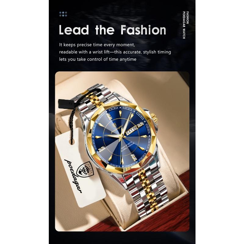 POEDAGAR Top Fashion Man Clock Business Waterproof Luminous Date Week Wristwatch Quartz Stainless Steel Casual Watches