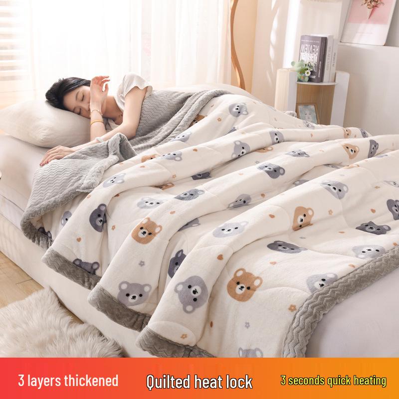 Three-Layer Quilted Milk Velvet Cartoon Blanket - Thick, Machine Washable, Ideal for Autumn/Winter Naps