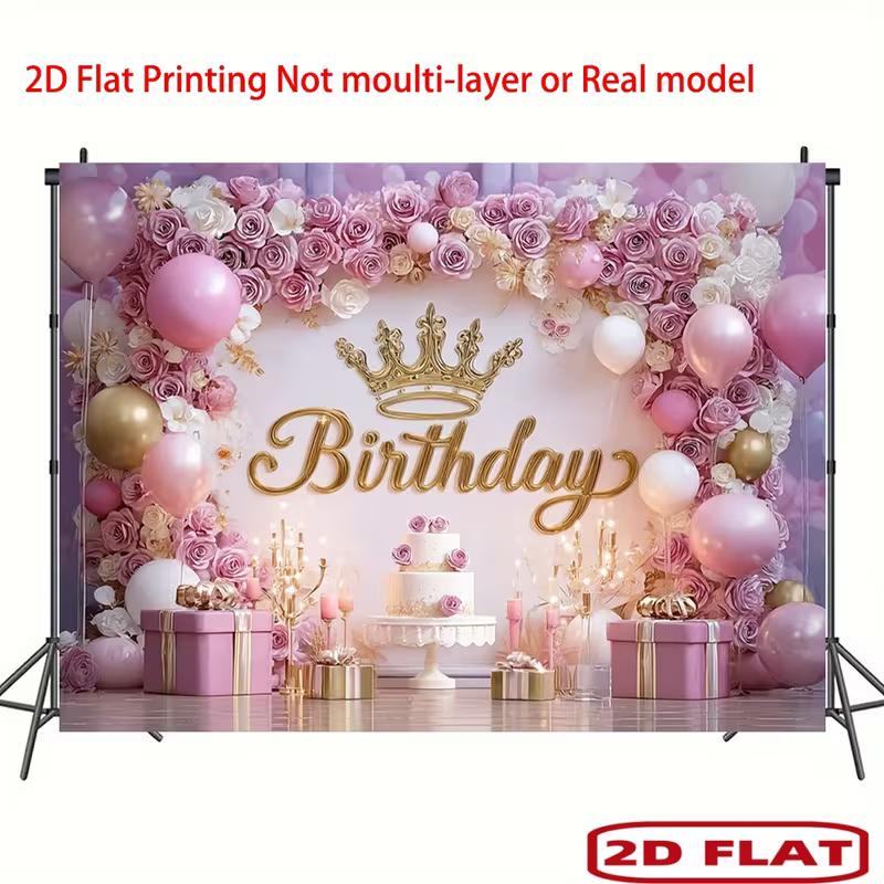 Dwuwymiarowy Różowo-Złoty Baner Tło na Urodziny Księżniczki Korona Kwiat Różany Dekoracja Tła Imprezy Happy Birthday
