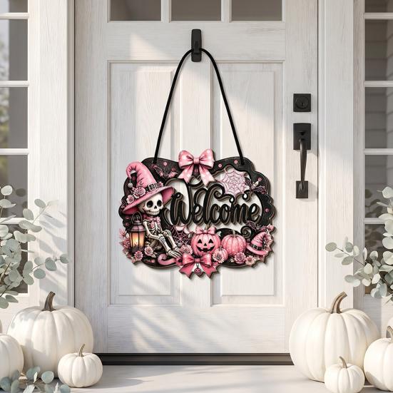 Durable Door Sign for Porch Halloween Pumpkin Ghost Wooden Welcome Hanger Sign, Cute Wall Ornament with Bell Front Hanging Rope, Decor Indoor Outdoor