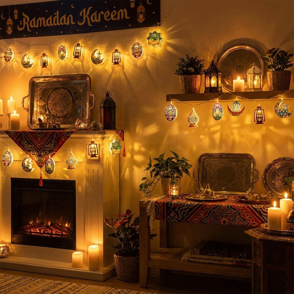 10/20 LED EID Mubarak String Lights Battery Operated Iron Art LED Oil Lamp Colorful Lighting Ramadan String Light