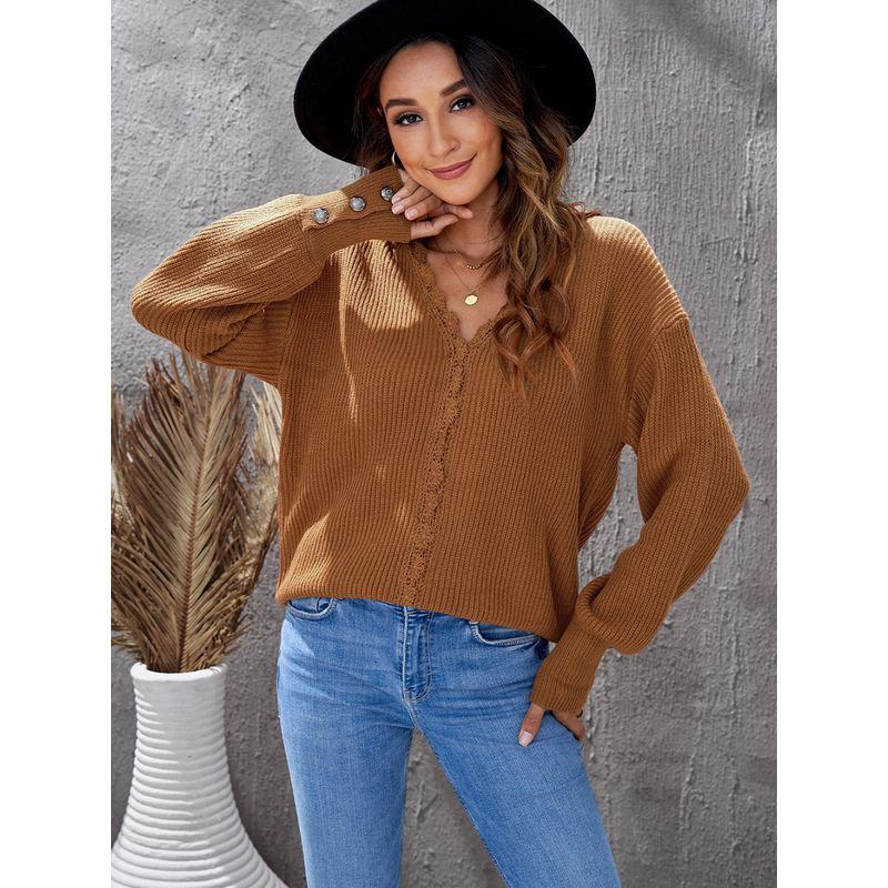 Fall and Winter Lace V-neck Loose Cropped Pullover Sweater