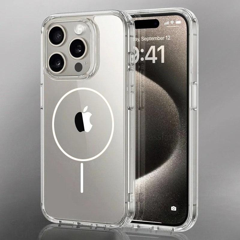 

Роскошный тонкий чехол с магнитной беспроводной зарядкой Magsafe для iPhone 16 15 14 Pro Max 13 12 Mini 11 16e Plus Прозрачная задняя крышка iPhone 13 mini