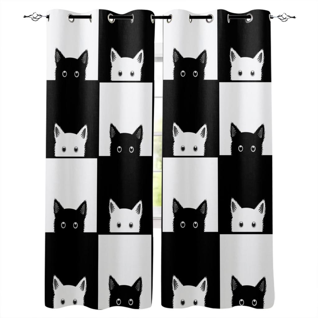 Simple Black&White Stripes Checkerboard Abstract Window Curtains For Kids Bedroom Living Room Bathroom Kicthen Door Hall 2pieces