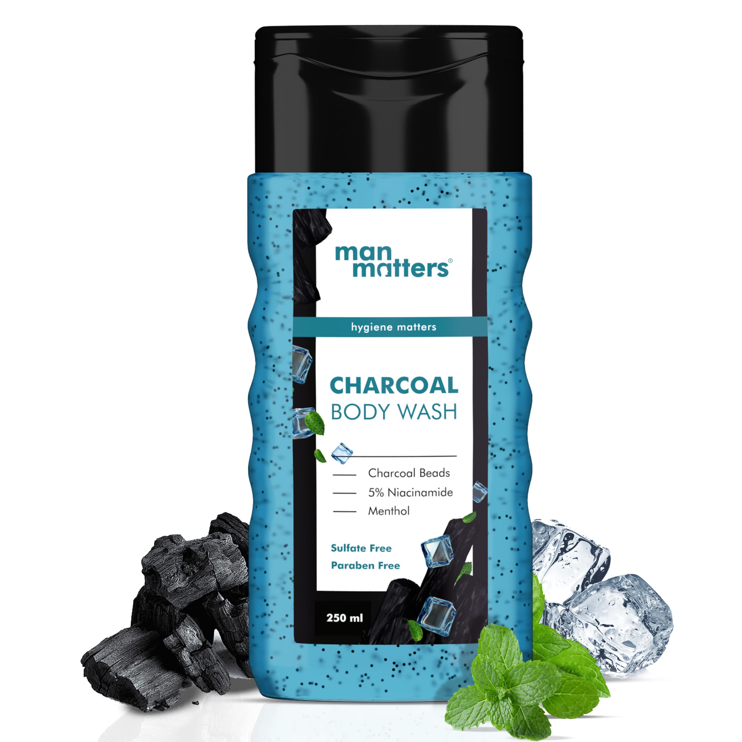 

Man Matters 3 in 1 Action Charcoal & Menthol Body Wash | With Menthol, 5% Niacinamide & Activated Charcoal Beads | For Instant Cooling, Odor Protectio