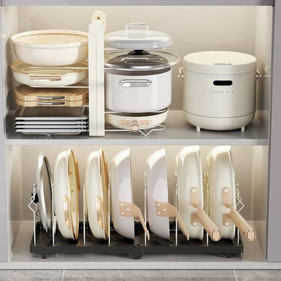 Pot Rack Stainless Steel Divider Expandable Design Adjustable Lid Organizer Kitchen Cabinet Storage Rack Pot Lid Holder