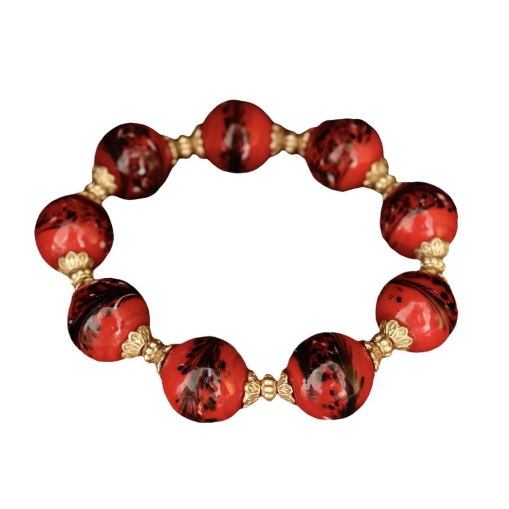 Vintage Red Frog Skin Glass Bead Earrings & Retro Bracelet Necklace Set