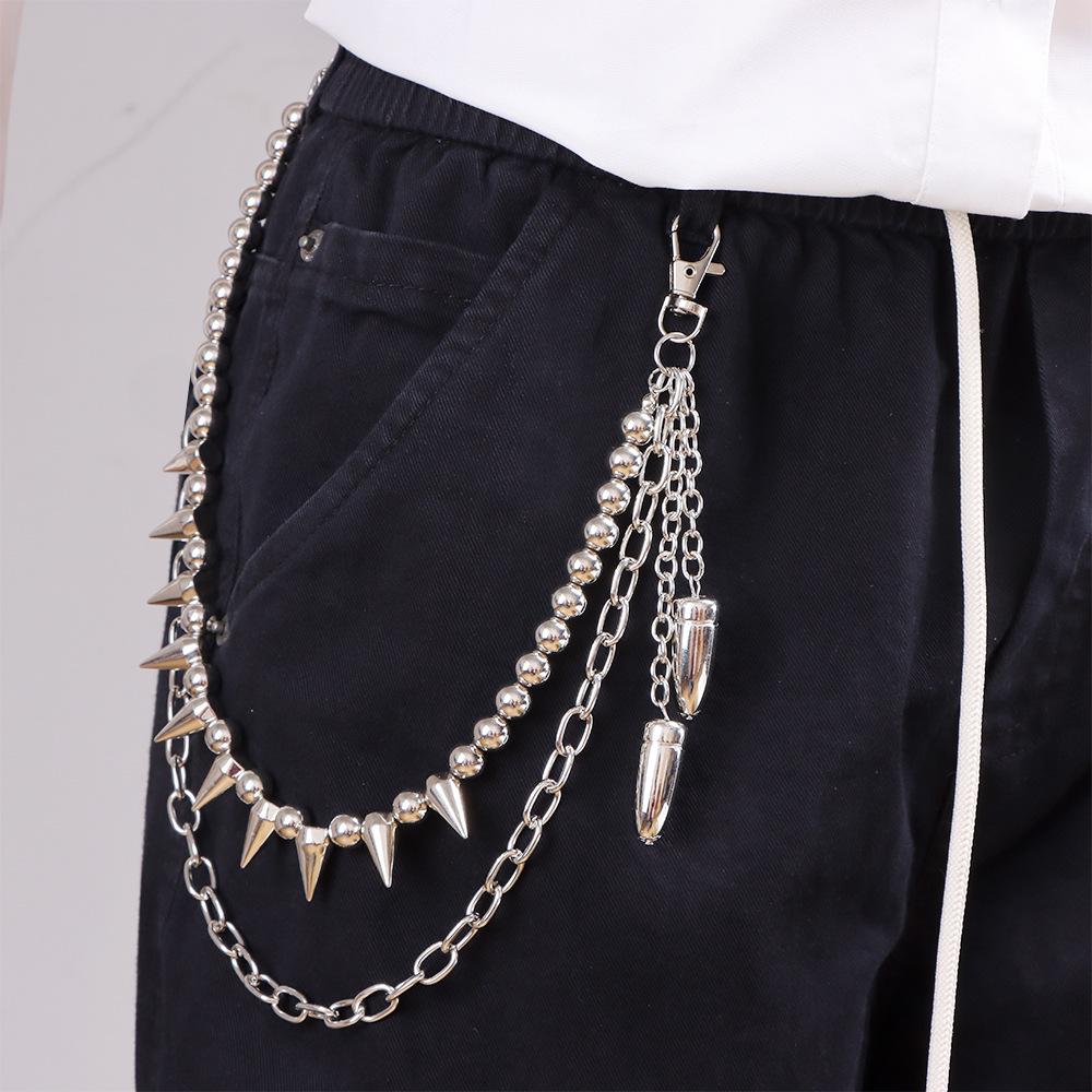 European & American Fashion Double-Layer Pant Chain with Rivets, Beads, and Bullet Pendant