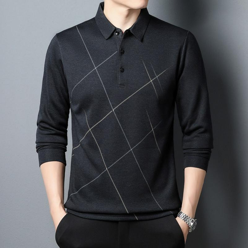 

Plaid Long-sleeved T-shirt Men s Spring and Autumn Thin Dad Wear Loose Casual Men s Lapel T-shirt Bottoming Shirt 3XL сірий