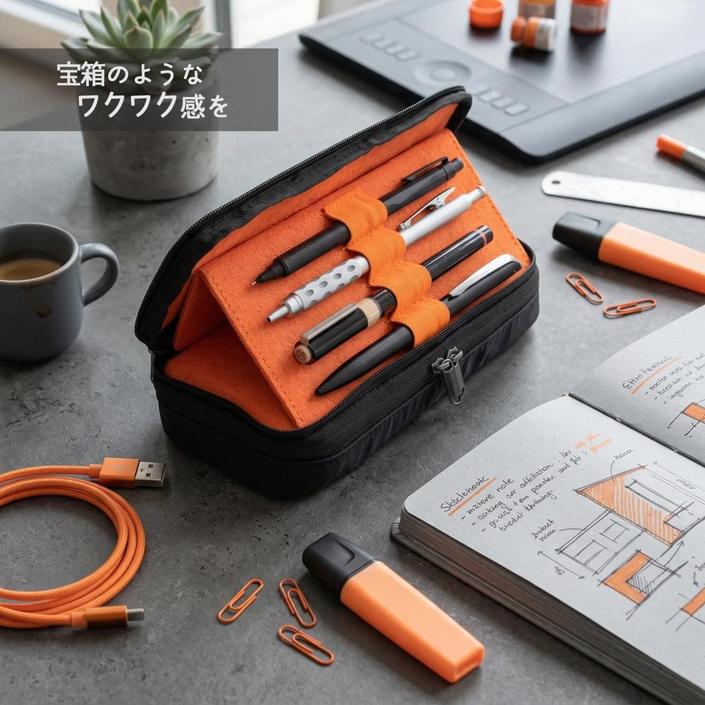 Plus Pen Case Pouch FABFAB Double Compartment Type Black X Orange FL-243CA 98-939